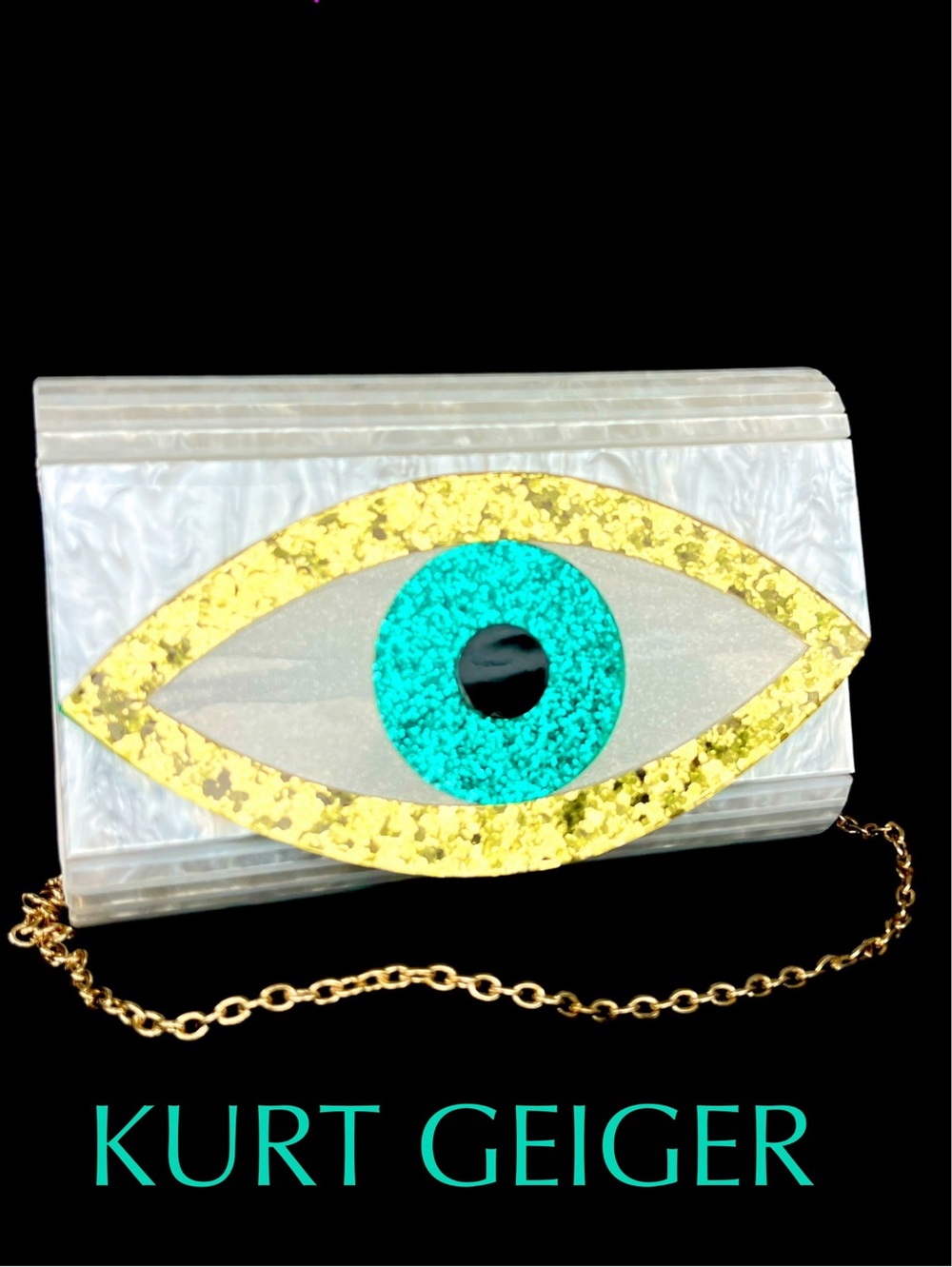 KURT GEIGER Evil Eye Party Clutch white mother of pearl gold green glitter NWT